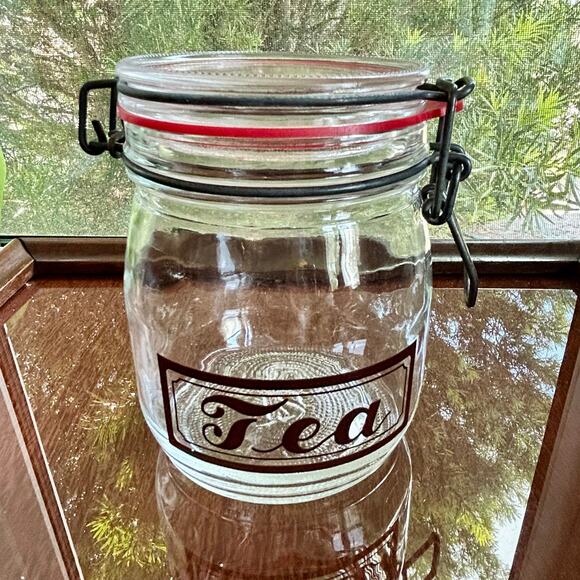 Vintage Glass Tea Jar with Clamp Lid – 6.25” Tall Teabag Storage Canister - Picture 1 of 14